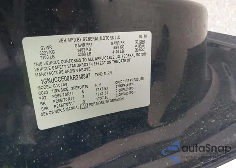 2010 Chevrolet Tahoe Ltz z USA, uszkodzony, nr VIN 1GNUCCE00AR240897